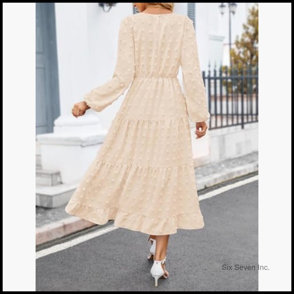 Long Sleeve Maxi Dress Swiss Dot Tiered Flowy A Line Wedding Cocktail Party - Picture 4 of 7